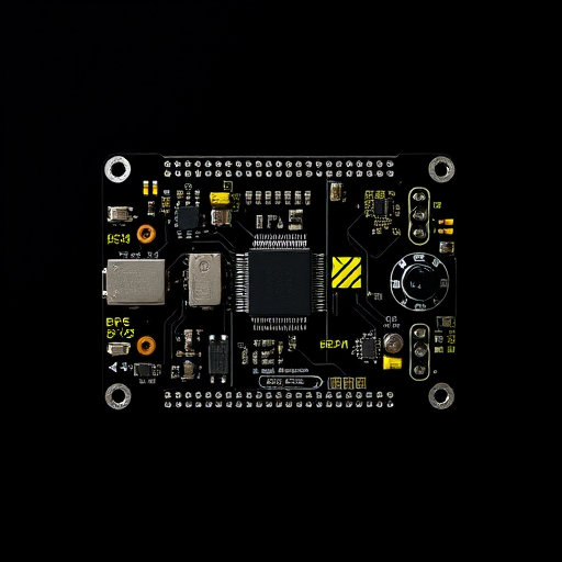 Create a high-resolution image of a microcontroller board featuring a black background with neon yellow accents, top-down view, DSLR camera, f/2.8 aperture, 50mm lens, ISO 100, 1/125s shutter speed, soft diffused lighting.