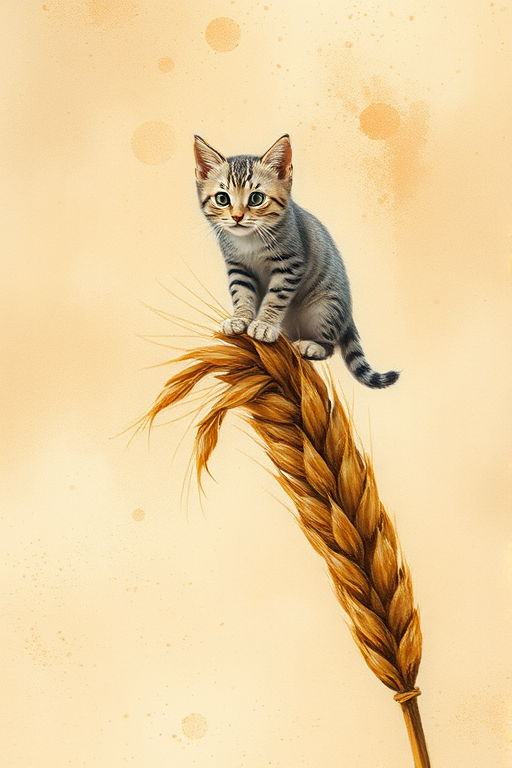 Soft, muted Alcohol Ink with ebru effect background image of tiny whimsical cat, who climbed high on the top of a golden rye ear.