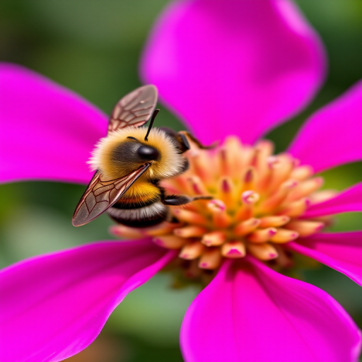 macro shot of a bee perched on a vibrant pink flower, shallow depth of field, f/2.8 aperture, 100mm lens, ISO 200, 1/200 sec shutter speed, natural lighting, Canon DSLR camera