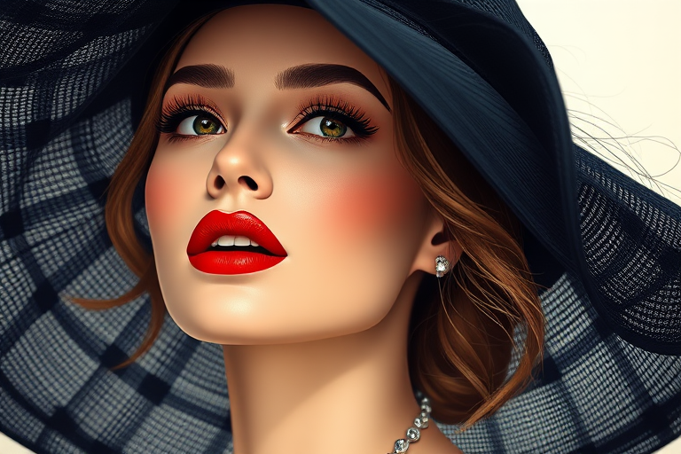 Create a high-resolution digital illustration of a woman wearing a large black hat, with bold lipstick, captured in a soft-focus style, using a Canon EOS 5D Mark IV with a 50mm f/1.8 lens at f/1.8, ISO 100, and a shallow depth of field for an artistic effect.