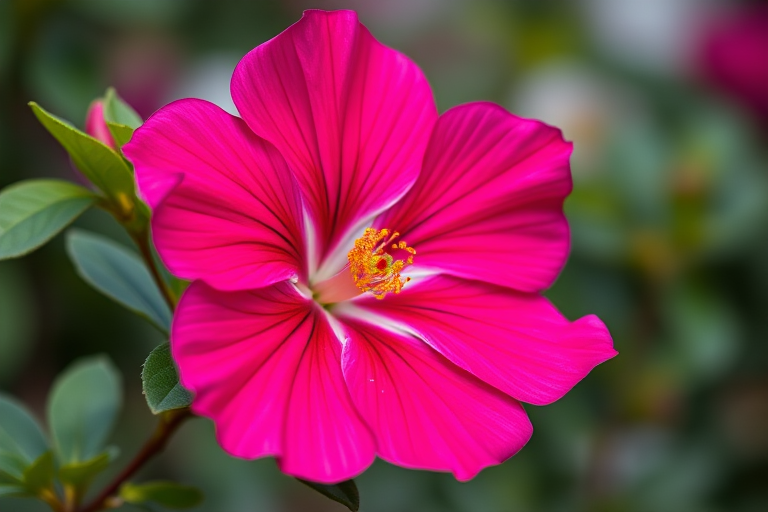 A vibrant pink flower with detailed petals, green leaves, soft focus background, shot with a Canon EOS R5 at f/2.8, 50mm lens, natural light, high resolution.