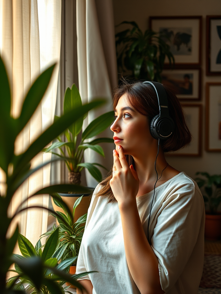 A thoughtful young woman with headphones gazes out a window in a cozy room filled with plants and wall art, soft natural light filtering through sheer curtains, captured with a Canon EOS R5, 50mm lens, f/1.8 aperture, ISO 200, 1/125 sec, vibrant colors and detailed shadows for a warm, contemplative atmosphere.