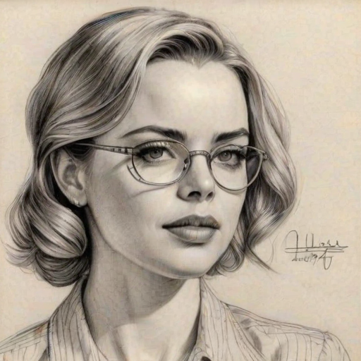 Radiant Melissa George, pencil sketch, portrait of Resplendent woman 1936s in glasses, hair style beatnik, outline, clear lines, fine lines, 8k