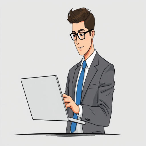 Create a high-resolution illustration of a businessman in a suit using a laptop, with a plain gray background, shot from a slightly elevated angle with a focus on details and textures, using a digital illustration style, simulating a DSLR camera at f/2.8 aperture, 50mm lens, ISO 100, 1/200s shutter speed for sharpness and clarity.