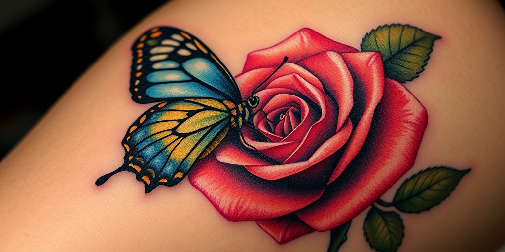 Realistic 3D tattoo titled "Hyperrealism Illusion" depicting a lifelike butterfly perched on a photorealistic rose, with incredible depth and shadow details that make it appear to come alive on the skin