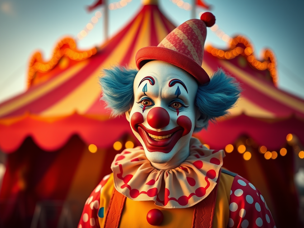 Generate a vivid image of a clown in front of a colorful circus tent during golden hour, captured with a Canon EOS R5, 50mm lens, aperture f/1.8, ISO 100, shutter speed 1/200s, with a shallow depth of field for a soft background blur.
