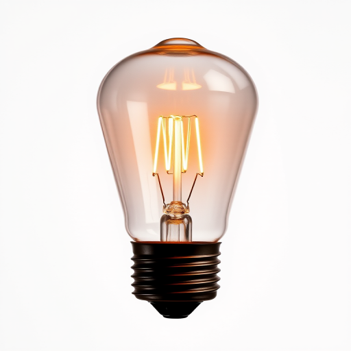 create a highly detailed image of a light bulb with a classic incandescent filament on a white background, using a DSLR camera with a 50mm lens, aperture f/2.8, ISO 100, and a softbox for even lighting