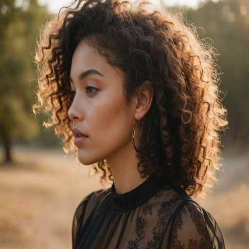 a profile of a person with curly hair blowing in the wind, wearing a sheer black top with delicate patterns and a large hoop earring, captured in soft, warm lighting outdoors