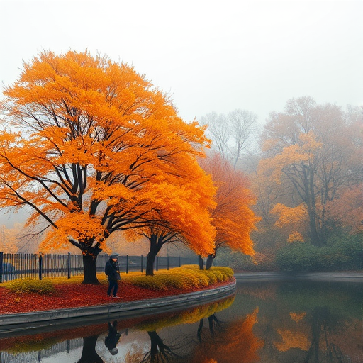 create a vibrant watercolor landscape of a serene autumn scene with trees displaying orange and yellow foliage, a misty background, reflections in water, and people walking with umbrellas, shot with a Canon EOS R5 at f/8, ISO 100, 50mm lens, using a soft focus style to enhance depth and color richness