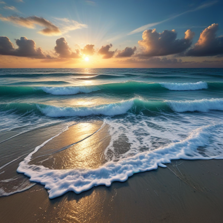 Serene Sunrise Over Calm Ocean Waves Reflecting Golden Morning Light