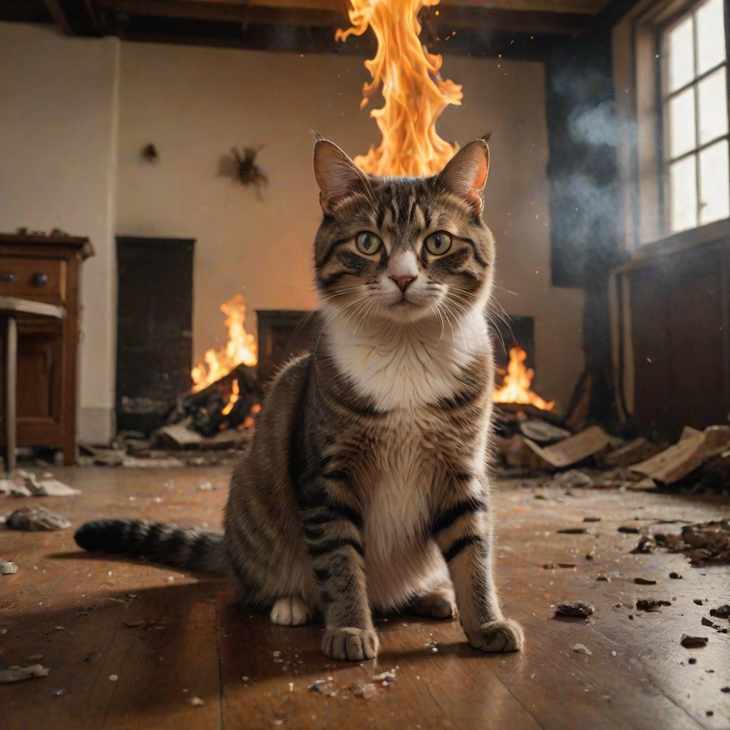 Photorealistic image of an innocent-looking cat sitting calmly in the middle of a burning room. Flames engulf the room, with fire licking up the walls and smoke filling the air. The cat is sitting on the floor, looking directly at the viewer with wide, innocent eyes. Above the cat, a speech bubble says "The dog did it!" The contrast between the cat's calm demeanor and the chaos around it creates a humorous and surreal scene.