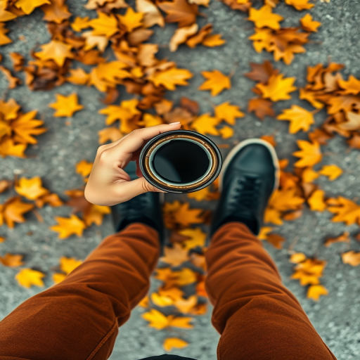 Create an image of a top-down view of a person's legs wearing brown pants and black shoes, holding a coffee cup, with autumn leaves scattered around, captured with a Canon EOS R, 50mm lens, f/1.8 aperture, ISO 100, natural light, focusing on vibrant colors and sharp details.