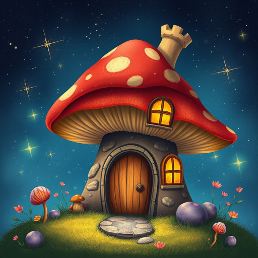 design illustration of a mushroom house with a door and a window, a storybook , fantasy art, mushroom house, bg starry sky, sparkles