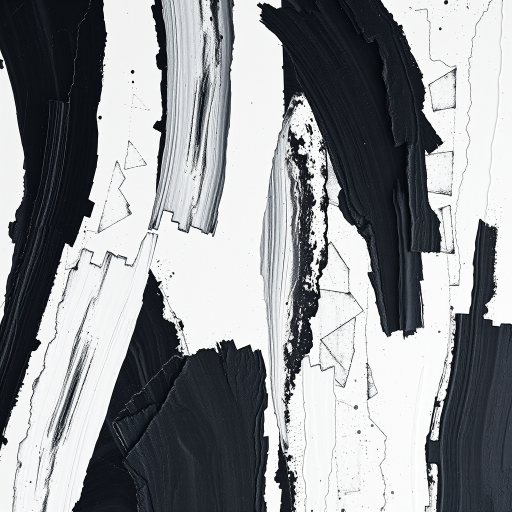 Create a high-resolution image of abstract black and white artwork featuring bold brush strokes and textured surfaces, captured with a DSLR camera at f/8 aperture, ISO 100, 1/250s shutter speed, using an overhead view with soft diffused lighting.