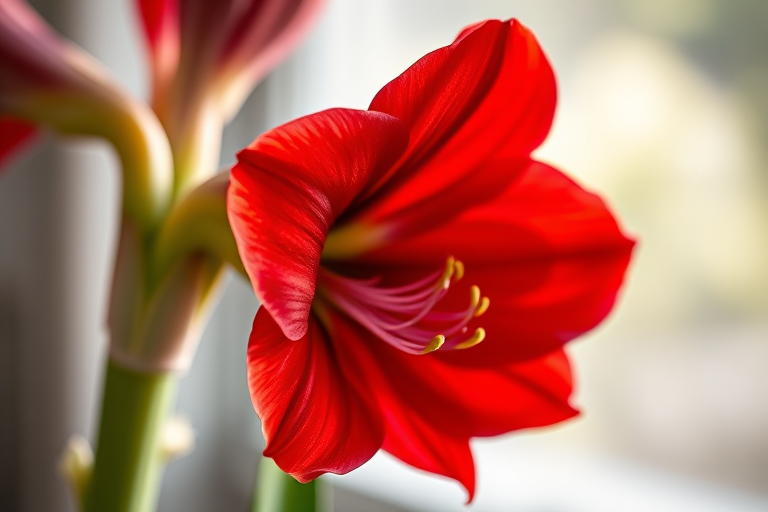 A close-up shot of a vibrant red amaryllis flower with a blurred background, taken with a Canon EOS 5D Mark IV, 50mm f/1.8 lens, ISO 100, aperture f/2.8, shutter speed 1/200s, natural lighting.