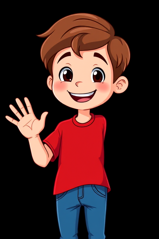 Create an image of a cheerful cartoon boy with short brown hair, wearing a red t-shirt and blue jeans, waving to the viewer, set against a plain black background, captured with a DSLR camera at 50mm f/1.8, ISO 100, natural lighting for vibrant colors and sharp details, in a clean and friendly animated style.