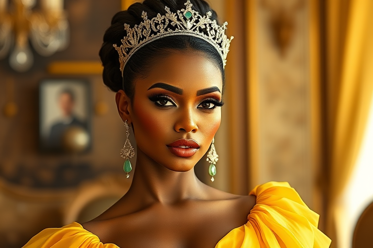 A gorgeous Zambo woman in a luxurious Yellow gown, accessorized with a dazzling tiara and statement earrings, her deep black eyes highlighted by impeccable makeup, poised in a royal setting, photorealistic, 8K quality