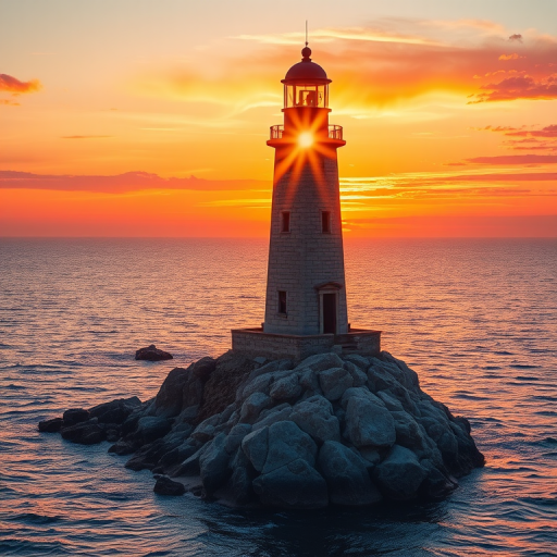 Generate an image of a tall lighthouse perched on a rocky outcrop surrounded by calm ocean waters during a breathtaking sunset. The lighthouse stands sturdy and weathered, its stone surface illuminated by the warm golden light of the setting sun. The sun's rays pass directly through the glass lantern room at the top of the lighthouse, casting a brilliant light across the scene. The sky is painted with vibrant shades of orange, pink, and purple, reflecting off the tranquil sea. The surrounding water shimmers with the same warm hues, creating a serene and majestic atmosphere.