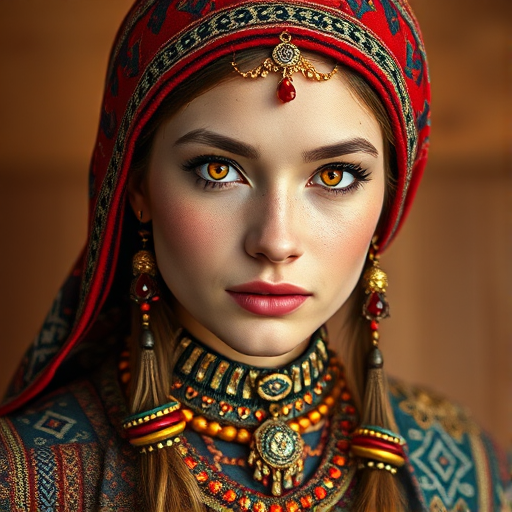 Create a portrait of a beautiful Sami woman with striking red eyes and a gentle expression. She is adorned in traditional attire with intricate patterns, including a richly embroidered headscarf and matching garments. Her jewelry includes a delicate headpiece, dangling earrings, and ornate bracelets, all featuring vibrant gemstones and detailed metalwork. The background is soft and warm, enhancing the rich colors of her outfit and jewelry.