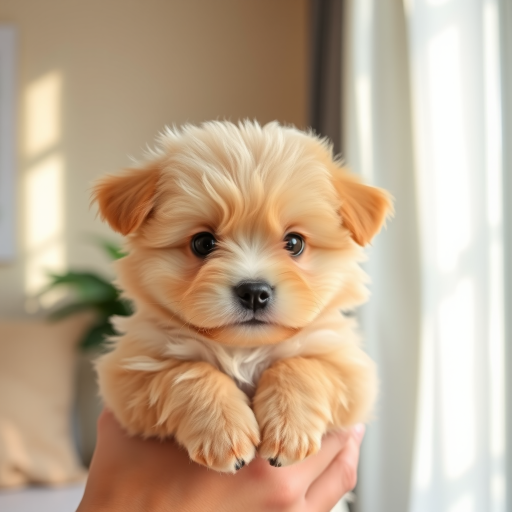 Generate an image of a fluffy light brown puppy being held by a person with a cozy indoor background featuring sunlight and soft textures the puppy has a cute expression with big eyes and a small nose