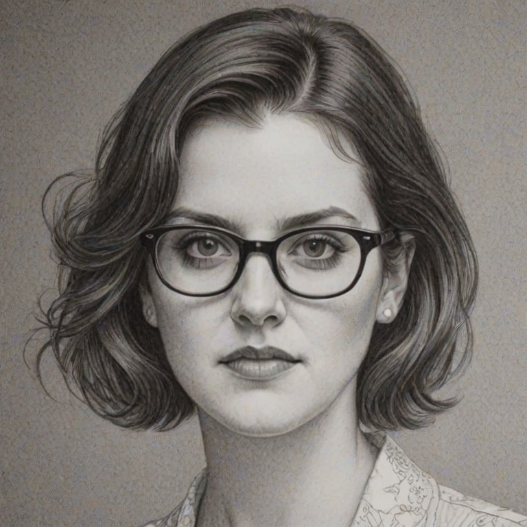 Elegant Melanie Lynskey, pencil sketch, portrait of Enchanting woman 1976s in glasses, hair style beatnik, outline, clear lines, fine lines, 8k
