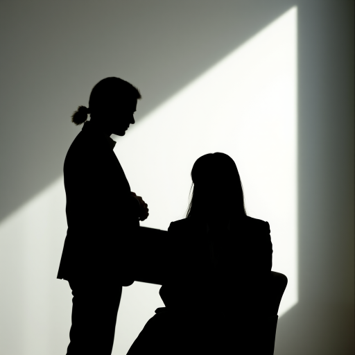Create a high-resolution silhouette image of three professional figures in business attire, standing and sitting, with a soft focus background, camera settings at f/2.8, 1/125 sec, ISO 200, shot in portrait mode using a DSLR camera, with a shallow depth of field to enhance the subject contrast.