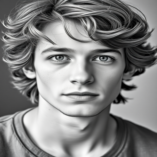 Create a high-resolution portrait of a young man with wavy hair, using soft lighting and a shallow depth of field, shot with a Canon 5D Mark IV at f/2.8, ISO 100, and a focal length of 85mm, in a classic black and white sketch style.