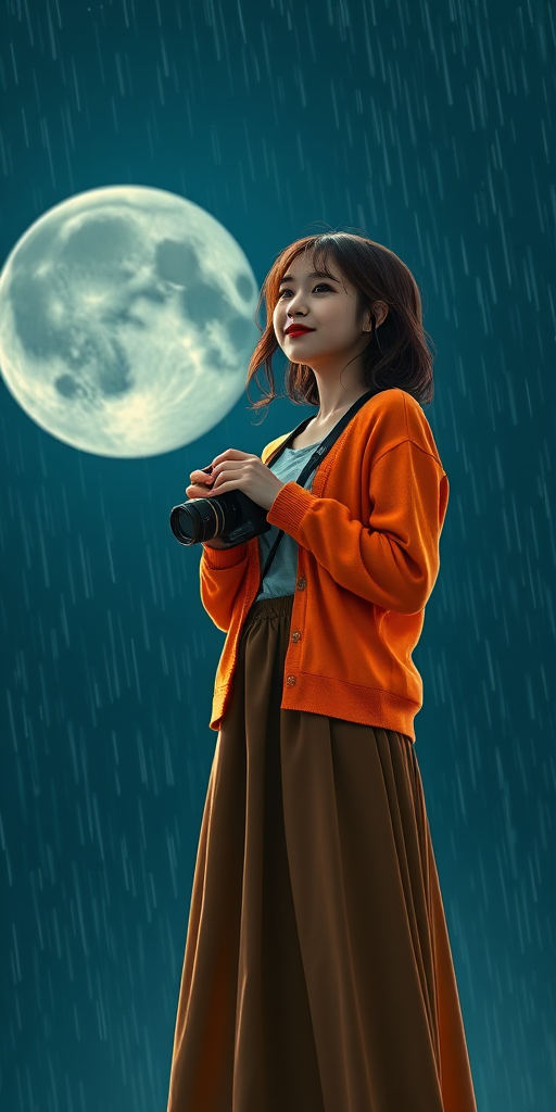 a young woman standing under a starry sky, holding a camera, wearing a bright orange cardigan and a long brown skirt, with a textured moon in the background, rain softly falling around her, creating a dreamy atmosphere