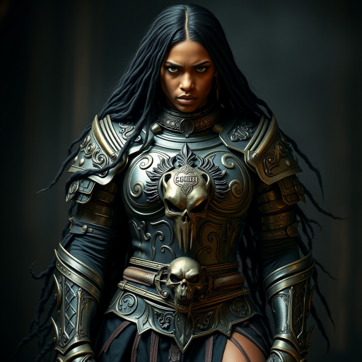 Create a photo of a fierce Yoruba female warrior with long black hair, wearing an ornate, metallic armor. The armor includes a breastplate with intricate designs, shoulder guards, and gauntlets. The breastplate is decorated with a central emblem, possibly representing a mythical symbol, and has a sculpted, form-fitting design. She wears a belt with a large skull ornament at the center, and her armor extends into a partial skirt, revealing one leg. The overall look is both protective and stylish, with a dark, gothic aesthetic. The background is dimly lit, suggesting a medieval or fantasy setting, enhancing the warrior's imposing presence and intense expression.