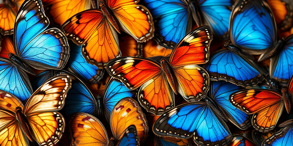 a high-resolution close-up of brightly colored butterflies, showcasing various species with iridescent blue and brown wings, evenly illuminated, taken with a Canon EOS R5, 50mm lens, f/2.8 aperture, ISO 100, natural light, shallow depth of field, capturing intricate wing patterns and textures