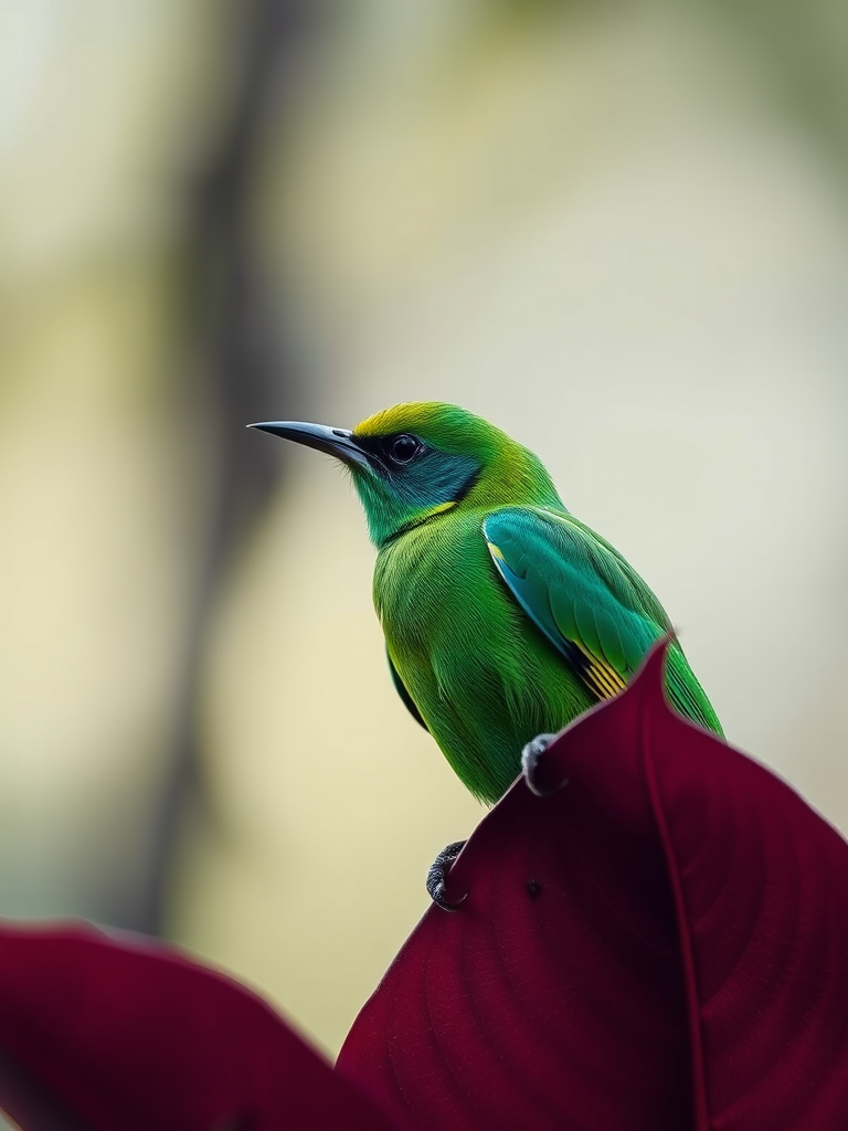 A close-up shot of a vibrant green bird perched on a dark purple leaf, captured with a Canon EOS R5, 85mm lens, f/2.8 aperture, ISO 100, natural light, shallow depth of field, and a soft bokeh background.