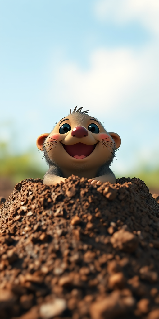 Create a vibrant cartoon-style image of a happy mole popping out of a dirt mound, captured with a Canon EOS R5 at f/2.8, ISO 100, 50mm lens for sharpness and detail, with a slight low-angle view to emphasize the mole's expression and the texture of the soil, using natural lighting for enhanced color saturation.