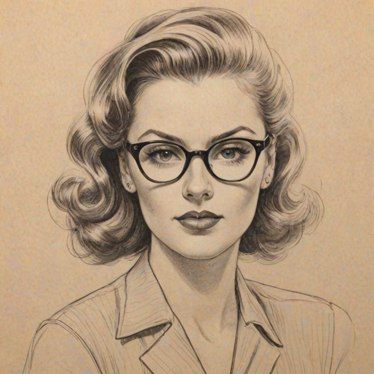 Superb Rebekah Graf, pencil sketch, portrait of Alluring woman 1942s in glasses, hair style beatnik, outline, clear lines, fine lines, 8k