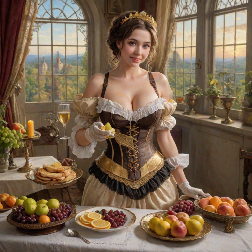 intricate details, masterpiece, best quality full body photo of insanely sensual woman, textured skin, blue eyes, (large natural breasts:1.1), cleavage, (holding a golden platter with grapes, apples, lemon, orange slice:1.1), glasses of champagne, glasses of wines, tan lines, smiling, victorian, corset, tail, black hair, bread, breasts, brown hair, candle, cleavage, dress, fire, food, gloves, grapes, indoors, large breasts, lips, looking at viewer, maid, maid headdress,  pancake, puffy sleeves,  short hair, solo, table,  window
