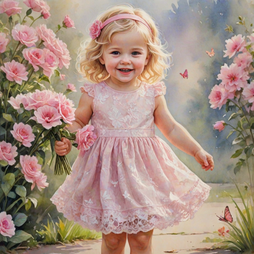hyperrealism happy smiling toddler girl with messy wavy blonde hair with a headband, she is wearing a pink and white lace dress with pink and white shoes, she is holding a pink bouquet of flowers. Pink flowers and butterflies. summer background. Watercolor Highly detailed