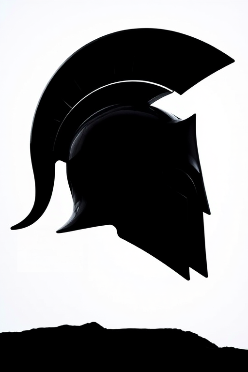 Create a high-resolution image of a Spartan helmet silhouette with sharp edges and a bold design, shot with a 50mm lens at f/1.8, ISO 100, in natural light, using a DSLR camera from a slightly above angle to enhance the depth and detail of the helmet's contours.