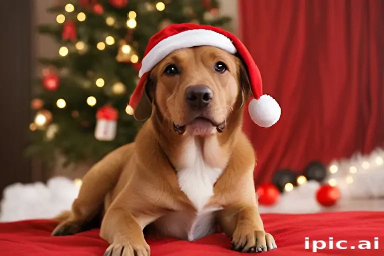 Adorable Dog in Santa Hat Poses Cheerfully by the Christmas Tree