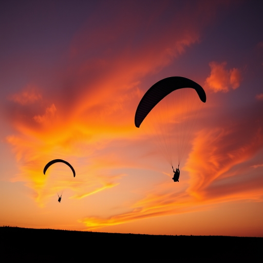 create a silhouette image of paragliders against a sunset sky, with vibrant orange and purple hues, using a Canon EOS R5 camera, 85mm lens, aperture f/2.8, shutter speed 1/200s, ISO 100, in a panoramic view for enhanced depth and clarity