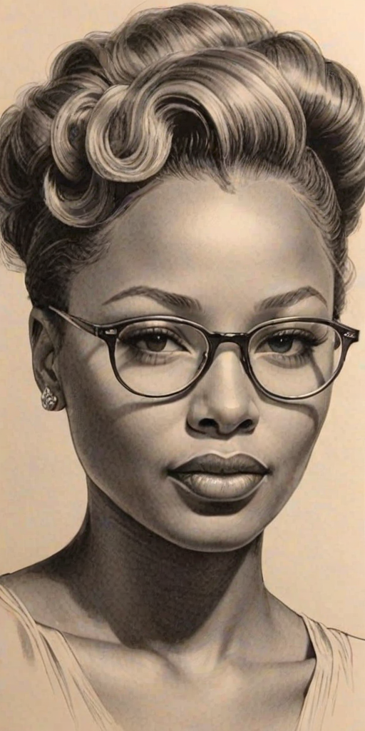 Gorgeous Eva Marcille, pencil sketch, portrait of Superb woman 1930s in glasses, hair style beatnik, outline, clear lines, fine lines, 8k