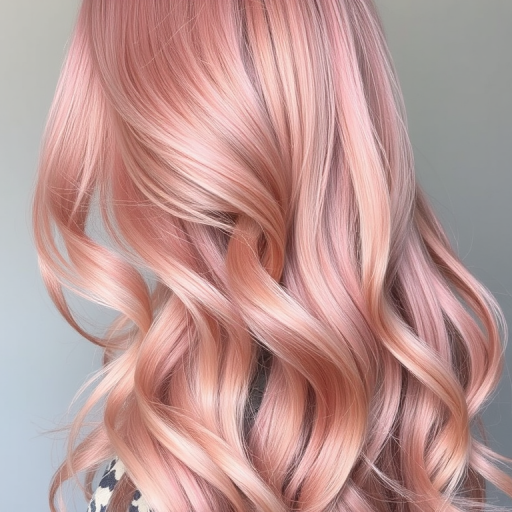 Graceful photograph featuring Rose Gold Mist tresses, a soft pink-tinged metallic hue in long, flowing layers with subtle waves throughout