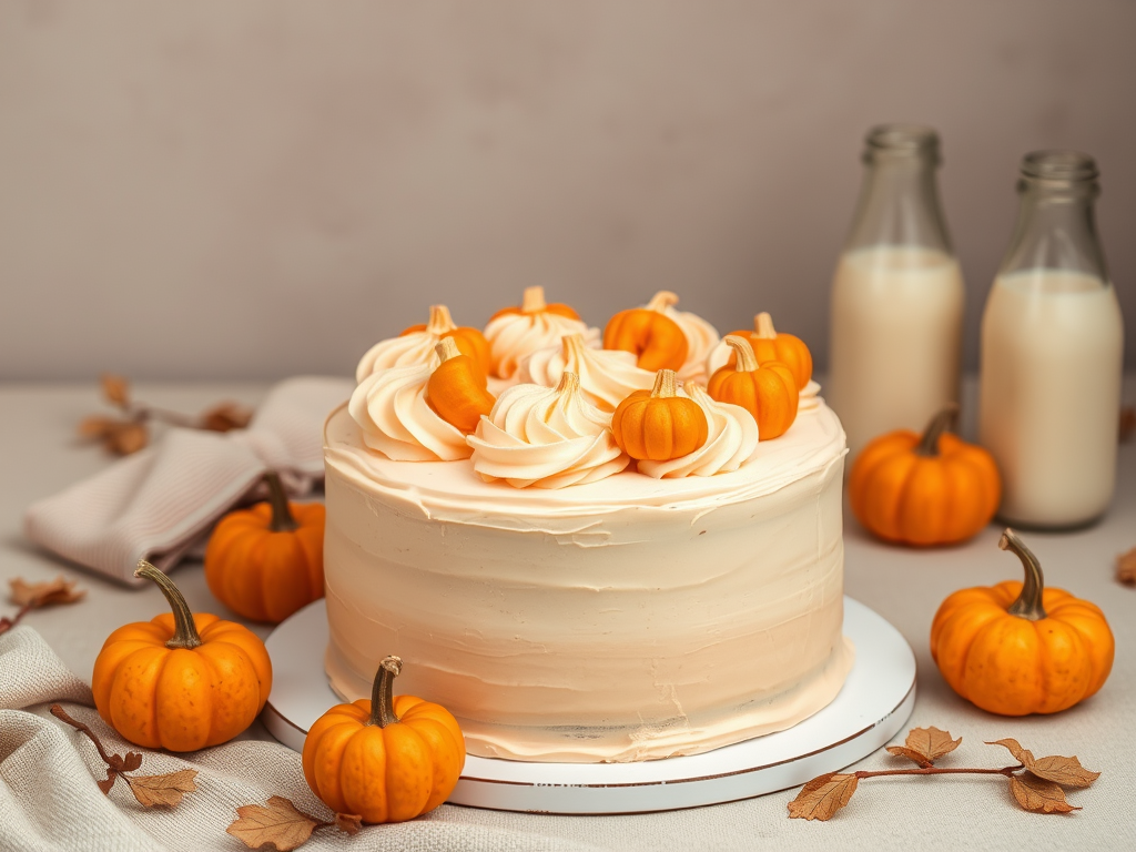 Create an image of a beautifully decorated cake with a creamy beige frosting topped with swirls of buttercream in a light color and orange pumpkin-shaped decorations. Surround the cake with several small orange pumpkins and a couple of glass bottles of milk in the background. The setting should feel cozy and autumnal, with a neutral backdrop to highlight the cake and decorations.