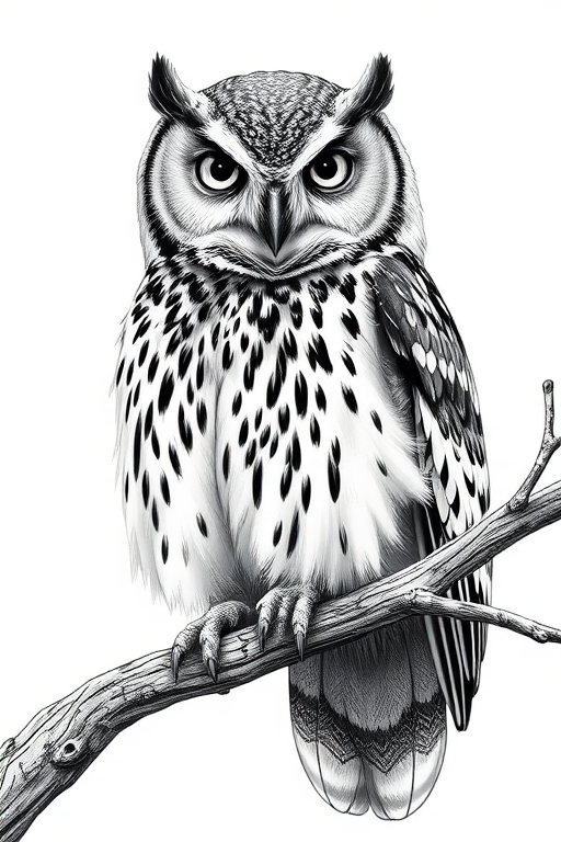 Regenerate a detailed black and white illustration of an owl perched on a branch, using a DSLR camera with a 50mm lens, f/8 aperture, ISO 100, soft natural lighting, and a shallow depth of field to enhance texture and detail.
