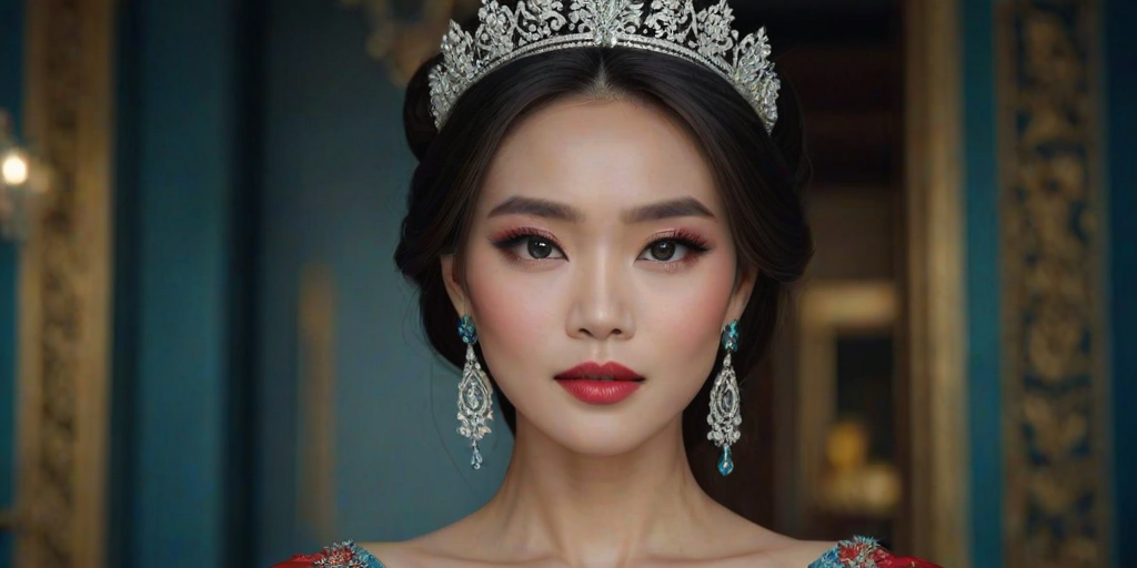 A gorgeous Vietnamese woman in a luxurious red gown, accessorized with a dazzling tiara and statement earrings, her deep cyan eyes highlighted by impeccable makeup, poised in a royal setting, photorealistic, 8K quality