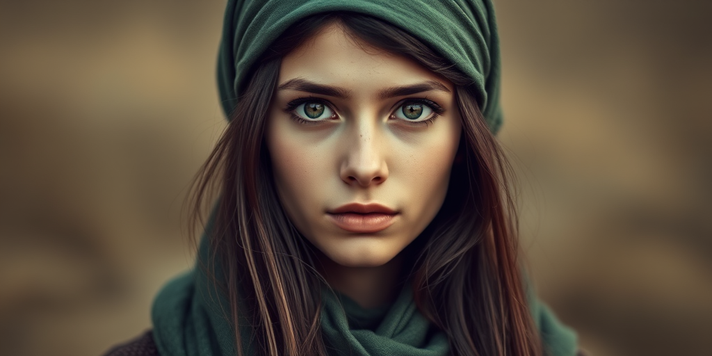 Create a portrait of a young Georgian woman with long, dark hair and captivating hazel eyes. She is wearing a green headscarf and a matching scarf draped gracefully around her neck. The background is softly blurred, focusing attention on her serene and natural expression. The overall color palette is muted and warm, enhancing the intimate and authentic feel of the portrait.