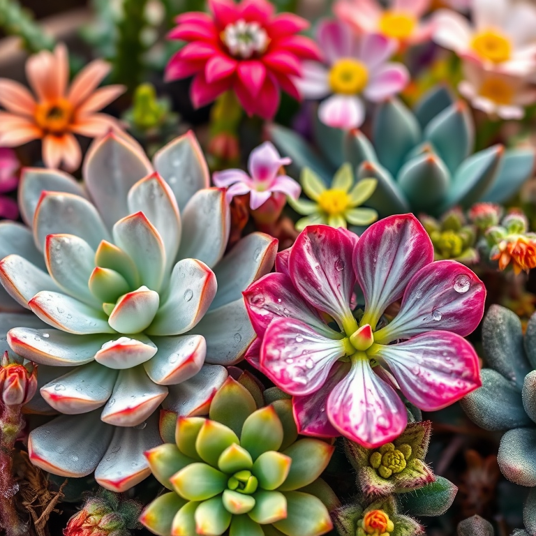 Create a highly detailed and vibrant illustration of assorted succulents and flowers with water droplets, using a 50mm lens, f/2.8 aperture, in soft natural light, captured in macro style photography.