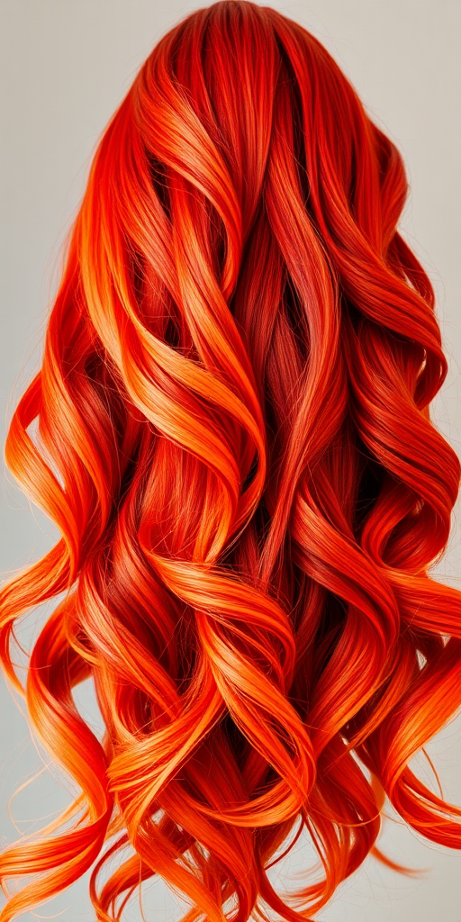 Vibrant Sunset Mane features cascading waves of fiery orange and deep crimson hair, flowing like molten lava down to the waist, with subtle golden highlights catching the light
