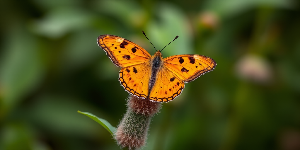 Create an image of a butterfly perched on a plant. The butterfly should have vibrant orange wings with black spots and a delicate structure. The plant should have a soft, fuzzy texture, with green blurred foliage in the background to create a natural setting.
