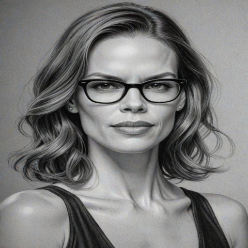 Enchanting Hilary Swank, pencil sketch, portrait of Bewitching woman 1933s in glasses, hair style beatnik, outline, clear lines, fine lines, 8k