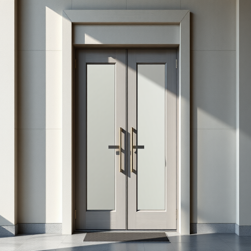 Create an image of a modern door with four glass panels, shot from a straight-on perspective using a DSLR camera at f/8 aperture, ISO 100, 1/200 sec shutter speed, in high-definition, with natural lighting to enhance details and textures.
