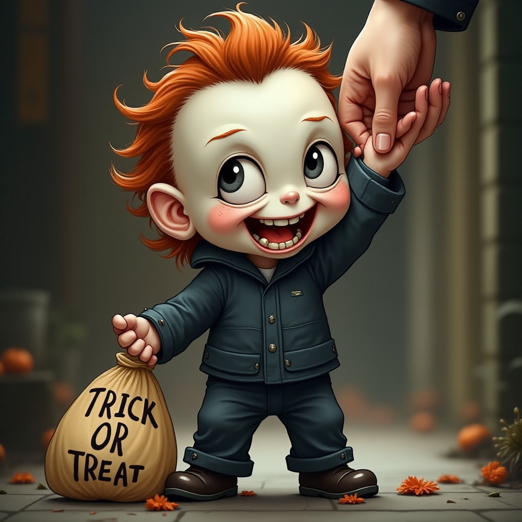 A whimsical caricature of a child version of Michael Myers, grinning mischievously. He is held by the hand of an unrecognizable person (only their hand visible), while holding a bag labeled 'Trick or Treat.' His facial expression is playful yet slightly menacing, reflecting his iconic figure. The scene is in portrait format with a Halloween theme, featuring exaggerated cartoon details like big eyes, a small body, and a creepy yet light-hearted tone.